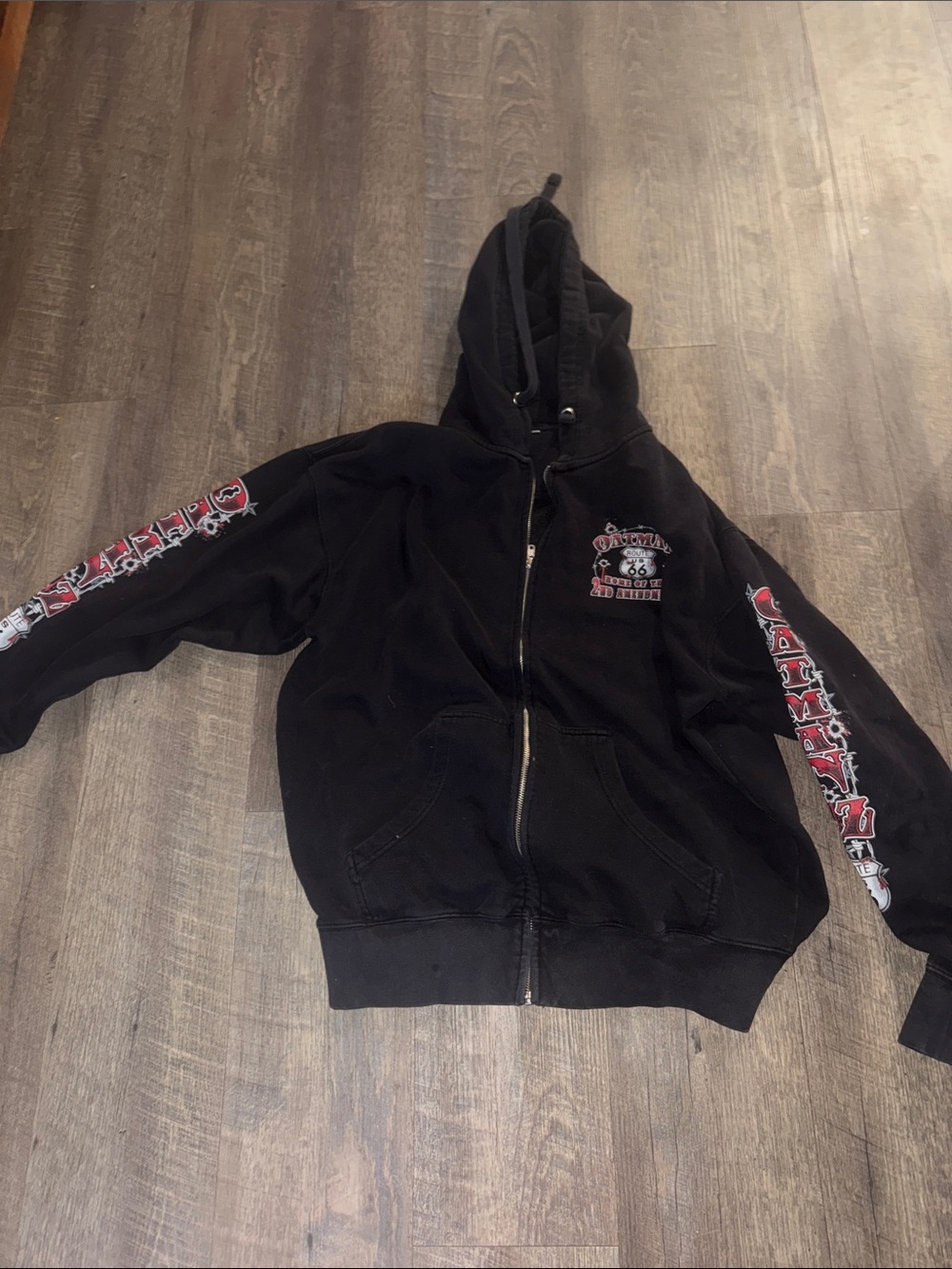Black Graphic Zip-Up Hoodie with Hood